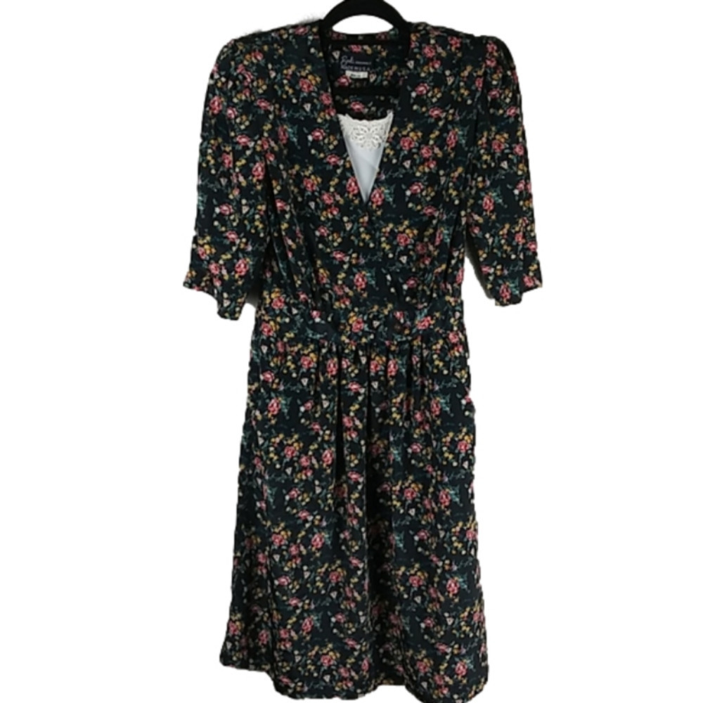 BRELI Originals Vintage Black Floral V-Neck Short Sleeve Prairie Midi Dress